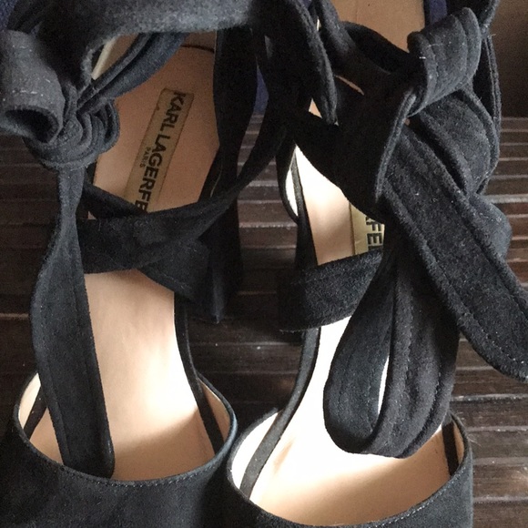 🚨B2G1 KARL LAGERFELD Black Leather Open Toe Block Heels - Picture 5 of 8